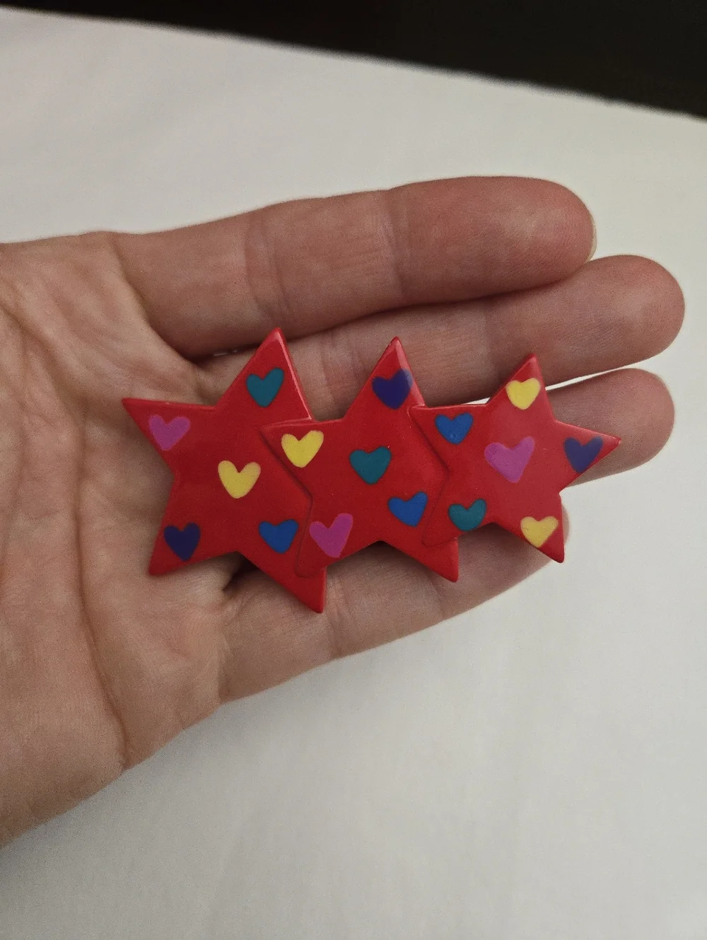 Vintage 90s Red Shooting Stars Hearts Brooch Pin Multicolored Hearts